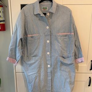 Light Blue Button-Up Oversized Shirt Jacket with Pink Trim